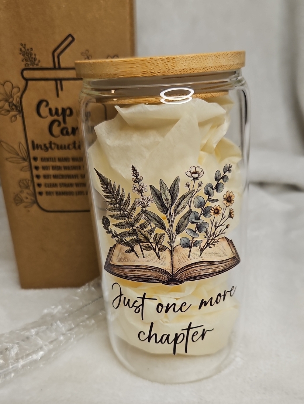 Just One More Chapter Glass Cup - Floral Book Design